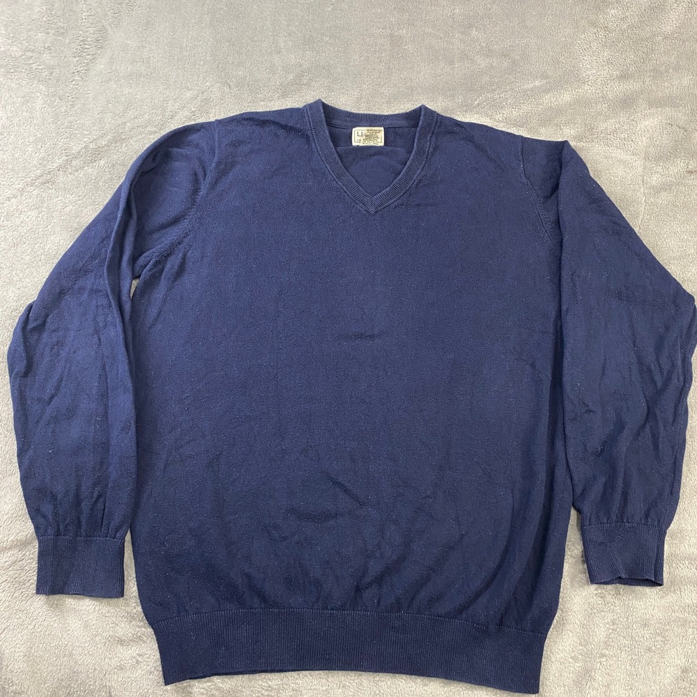 LL Bean Sweater Men LTall Navy Blue Cotton Cashmere V-Neck Ribbed Grandpa Casual